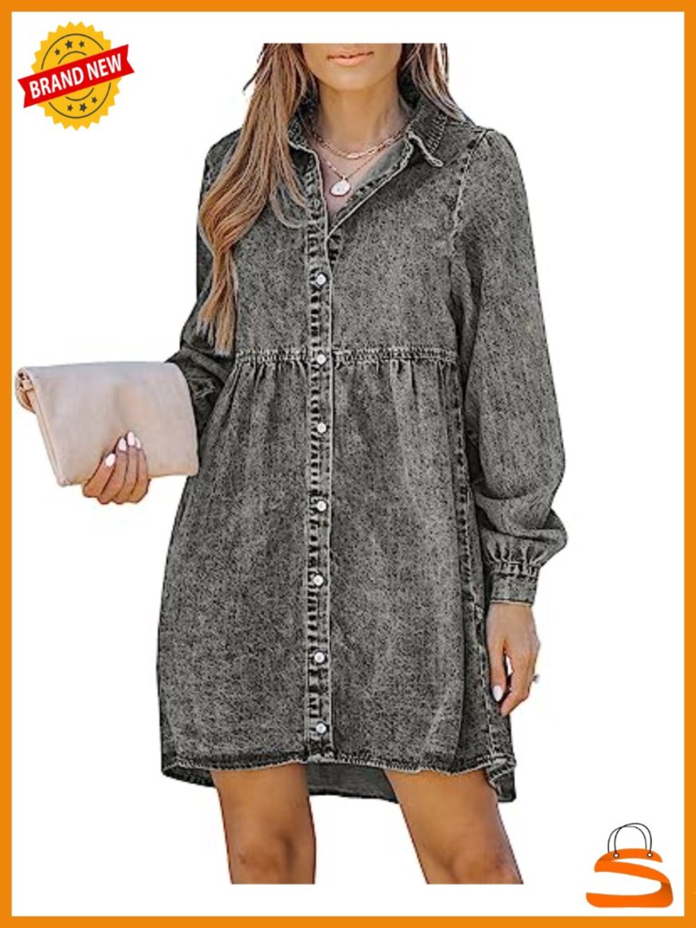 Long Sleeve Denim Babydoll Dress Button Down A-Line Casual Jean Dress